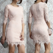 Fashion 3/4 Sleeve Round Neck Slim Fit Lace Dress