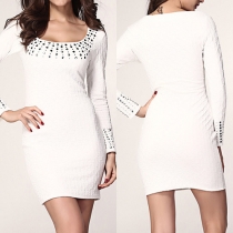Luxury Style Rhinestone Long Sleeve Round Neck Bodycon Dress