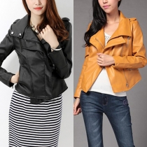 Fashion Solid Color Lapel Long Sleeve Slim Fit PU Leather Jacket