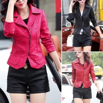 Fashion Solid Color Lapel Slim Fit PU Leather Jacket