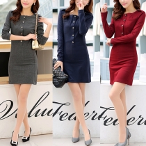 Elegant Solid Color Long Sleeve Round Neck Slim Fit Dress