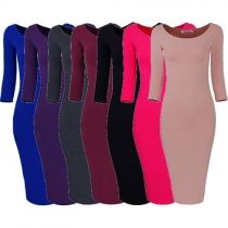 Fashion Solid Color 3/4 Sleeve Round Neck Slim Fit Dress