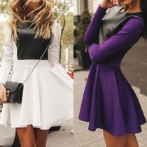 Fashion PU Leather Spliced Long Sleeve Round Neck Dress