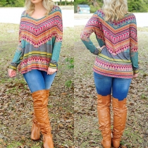 Fashion Long Sleeve V-neck Geometric Print T-shirt