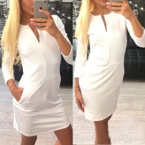 Fashion Solid Color Long Sleeve V-neck Slim Fit Dress