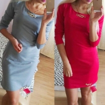 Elegant Solid Color Long Sleeve Round Neck Slim Fit Dress