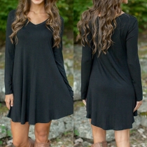 Fashion Solid Color Long Sleeve V-neck Loose Dress
