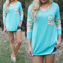 Fashion Printed Spliced Long Sleeve Round Neck T-shirt
