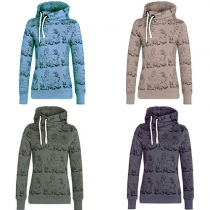 Fashion Long Sleeve Stand Collar Hooded Fawn Printed Sweatshirt