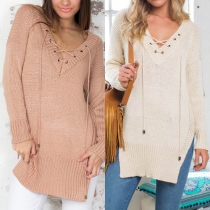Sexy Deep V-neck Long Sleeve Slit Hem Solid Color Knit Sweater