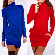 Fashion Solid Color Long Sleeve Turtleneck Slim Fit Dress