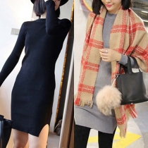 Fashion Solid Color Long Sleeve Round Neck Slit Hem Knit Dress