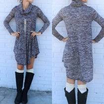 Fashion Long Sleeve Cowl Neck Irregular Hem Loose Dress