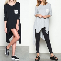 Fashion Solid Color Long Sleeve Round Neck Irregular Hem T-shirt Dress