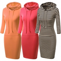 Fashion Solid Color Long Sleeve Hooded Slim Fit Dress