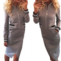 OL Style Contrast Color Long Sleeve Stand Collar Slit Hem Dress