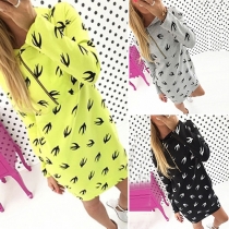 Fashion Swallows Printed Long Sleeve Hooded Slim Fit Dress