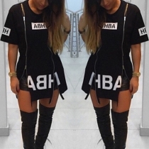Punk Style Short Sleeve Round Neck Zipper Slit Hem Letters Printed Tops