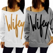 Sexy Oblique Shoulder Long Sleeve Letters Printed Sweatshirt