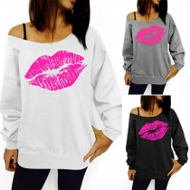 Sexy Oblique Shoulder Long Sleeve Red-lip Printed Sweatshirt