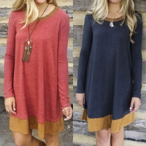 Fashion Contrast Color Long Sleeve Round Neck Loose Dress