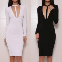 Sexy Deep V-neck Long Sleeve Solid Color Bodycon Dress