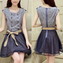 Fresh Style Denim Spliced Sleeveless Round Neck Double-breasted Dress