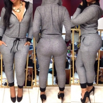 Fashion Solid Color Long Sleeve Gathered Waist Hooded Jumpsuits