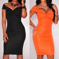 Sexy Deep V-neck Short Sleeve Solid Color Bodycon Dress