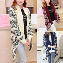 Retro Geometric Pattern Long Sleeve Irregular Knit Cardigan