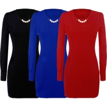 Elegant Solid Color Long Sleeve Pearl Round Neck Slim Fit Dress