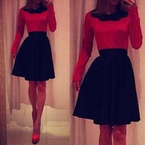 Fashion Contrast Color Long Sleeve Round Neck High Waist Dress