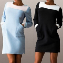 Fashion Contrast Color Long Sleeve Round Neck Slim Fit Dress