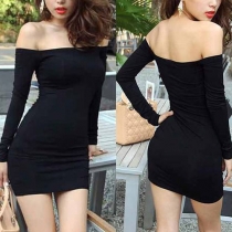 Sexy Slash Neck Long Sleeve Black Sheath Dress