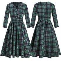 Retro Style High Waist Turtleneck Slim Fit Plaid Maxi Dress
