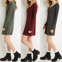 Fashion Solid Color Long Sleeve V-neck Knit Dress