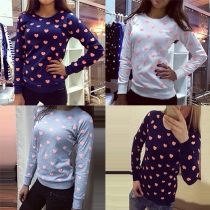 Fashion Long Sleeve Round Neck Heart Printed Sweatshirt
