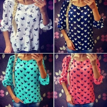 Fashion Long Sleeve Round Neck Single-breasted Printed Chiffon Shirt