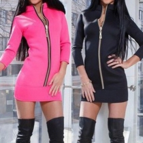 Elegant Solid Color Long Sleeve Slim Fit Zipper Sheath Dress