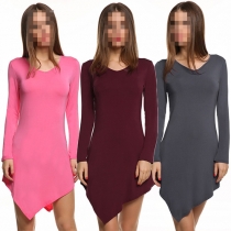 Fashion Solid Color Long Sleeve Round Neck Irregular Hem Dress
