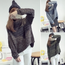 Fashion Long Sleeve High-low Hem Turtleneck Knit Sweater