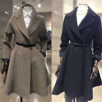 Elegant Solid Color Long Sleeve Lapel Woolen Coat