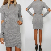 Fashion Solid Color Hollow Out Long Sleeve Irregular Hem Knit Dress