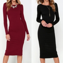 Sexy Backless Slit Hem Long Sleeve Solid Color Sheath Dress