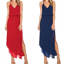Sexy Backless V-neck Irregular Slit Hem Gathered Waist Sling Dress