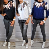 Fashion Long Sleeve Round Neck Feathers Printed Sweatshirt