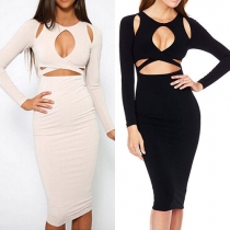 Sexy Hollow Out Long Sleeve Round Neck Solid Color Sheath Dress