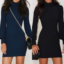 Fashion Solid Color Turtleneck Lantern Sleeve Slim Fit Dress