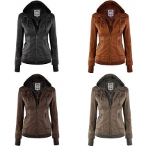 Fashion Solid Color Long Sleeve Hooded PU Leather Jacket