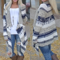 Fashion Contrast Color Long Sleeve Irregular Knit Cardigan
